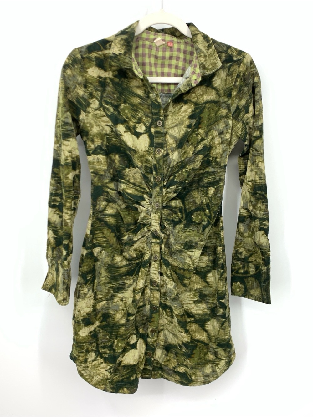 Pilcro Anthropologie Women Size 2 Small Dress Green Floral Camo Corduroy Button